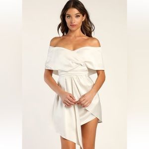 Lulus Always Celebrating Ivory Satin Off-the-Shoulder Mini Dress Ivory
